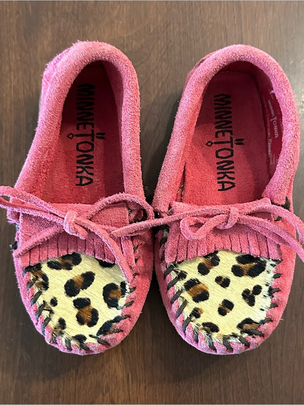 Minnetonka Kids Pink Suede Moccasins with Leopard Print Toe